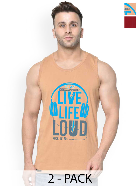 SLOWLORIS Pack Of 2 Printed Cotton Vests-SL26 COMBO (LOUD RUST) (ADV MAROON)
