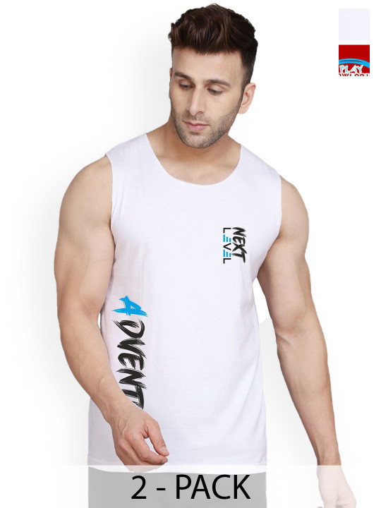 SLOWLORIS Pack Of 2 Printed Sleeveless Gym Vests SL26 COMBO (LOUD RED) (ADV WHITE)