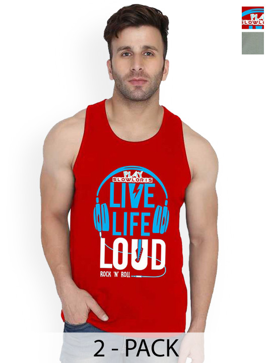 SLOWLORIS Pack Of 2 Printed Cotton Vests-SL26 COMBO (LOUD RED) (ADV LGTGREEN)