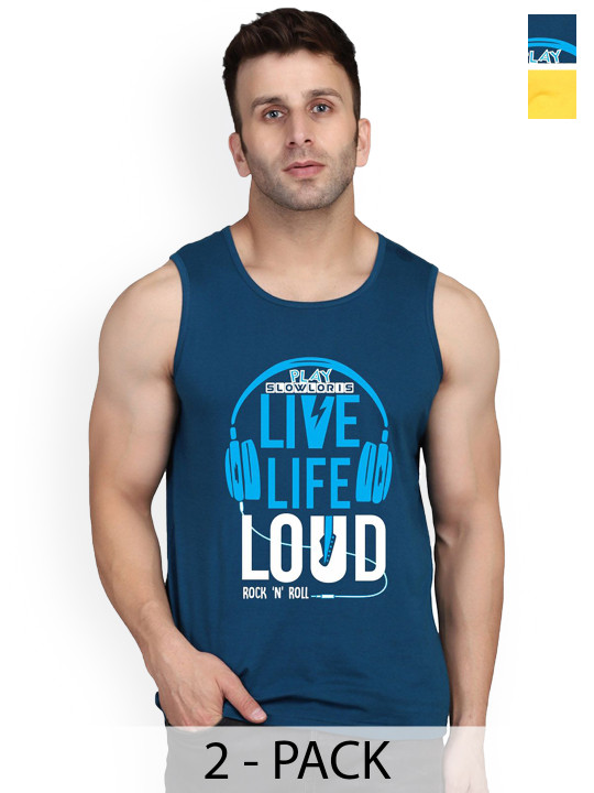 SLOWLORIS Pack Of 2 Men Printed Cotton Vests- SL26 COMBO (LOUD PEACOCK) (ADV YELLOW)