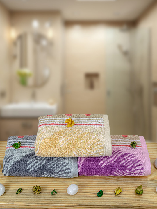 RANGOLI Grey & Purple 3 Pcs Printed Pure Cotton Highly Absorbent 470 GSM Hand Towel