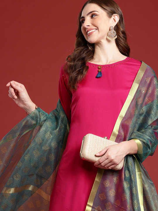 Anouk Women Regular Beads and Stones Kurta with Trousers & Dupatta