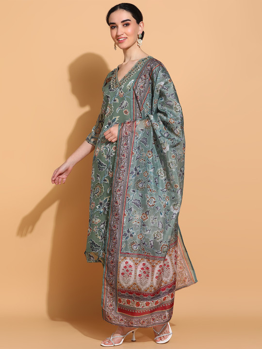 KALINI Floral Printed Beads and Stones Organza Straight Kurta With Trouser & Dupatta