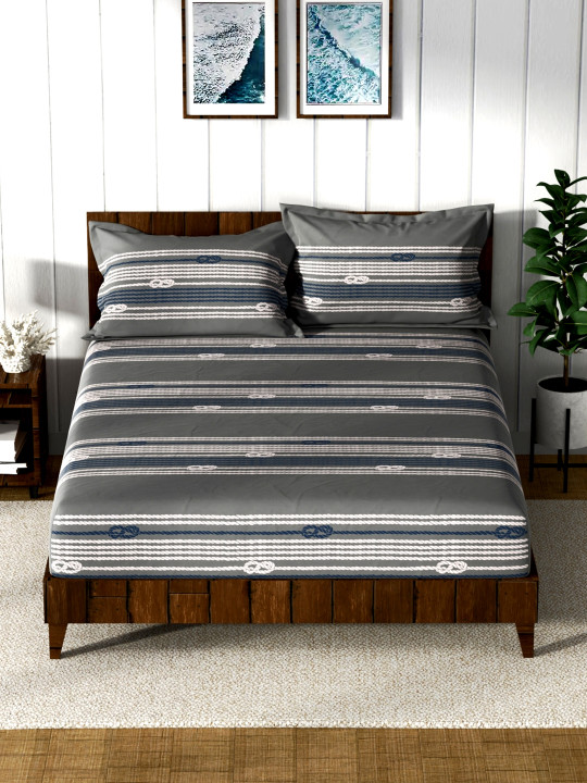Nautica Dreams Grey Striped 160TC Cotton King Bedsheet & 2 Pillow Covers with Aroma Mist