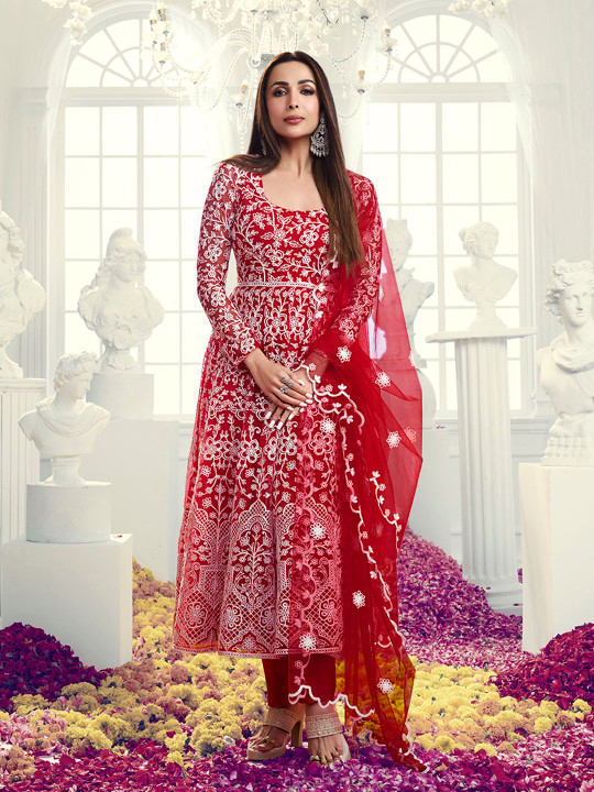 Inddus Floral Embroidered Thread Work Net Anarkali Kurta With Trousers & Dupatta