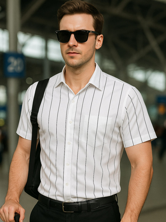 Hancock Men Spread Collar Vertical Striped Cotton Slim Fit Formal Shirt