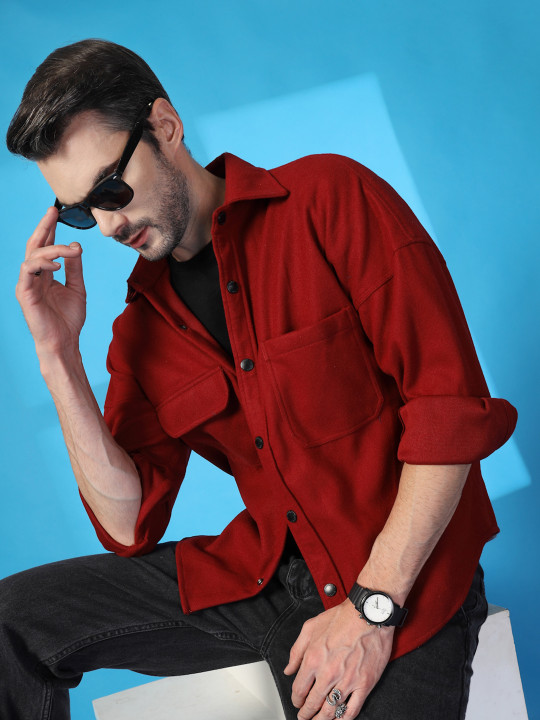 CHKOKKO Men Single-Breasted Long Sleeves Shacket