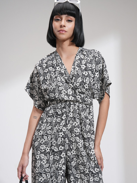 Tokyo Talkies Women Black Off White Front Twisted Printed Basic Jumpsuit