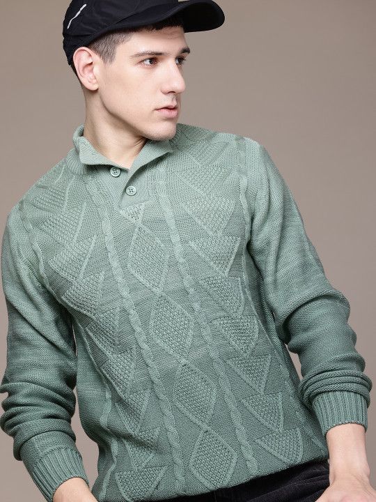 Roadster Men Cable Knit Colourblocked Pullover