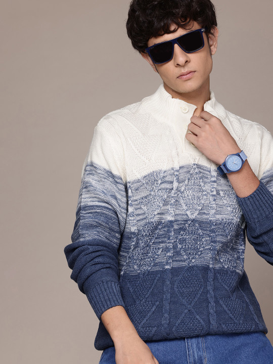 Roadster Men Cable Knit Colourblocked Pullover
