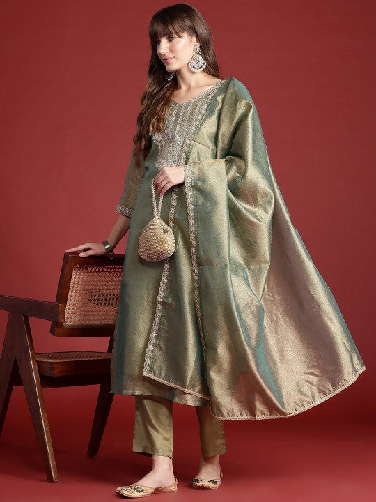 Indo Era Ethnic Motifs Embroidered Sequinned Liva Republic Day Kurta With Trousers & Dupatta