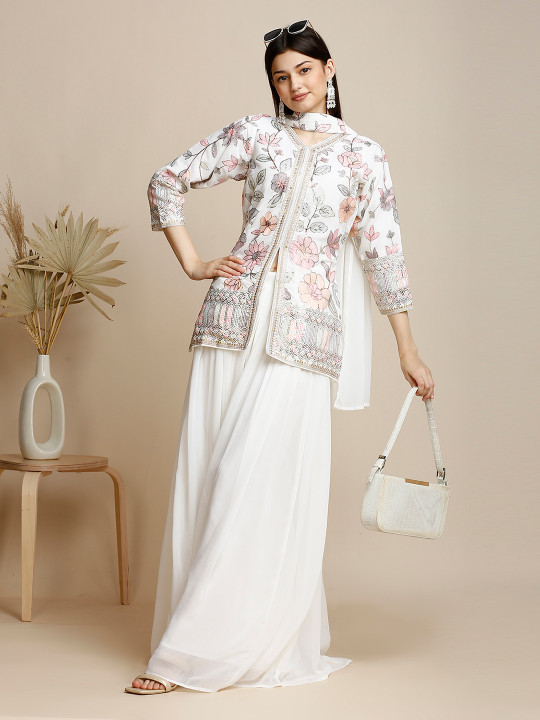 MADHURAM Women Floral Embroidered Regular Top & Palazzos With Dupatta