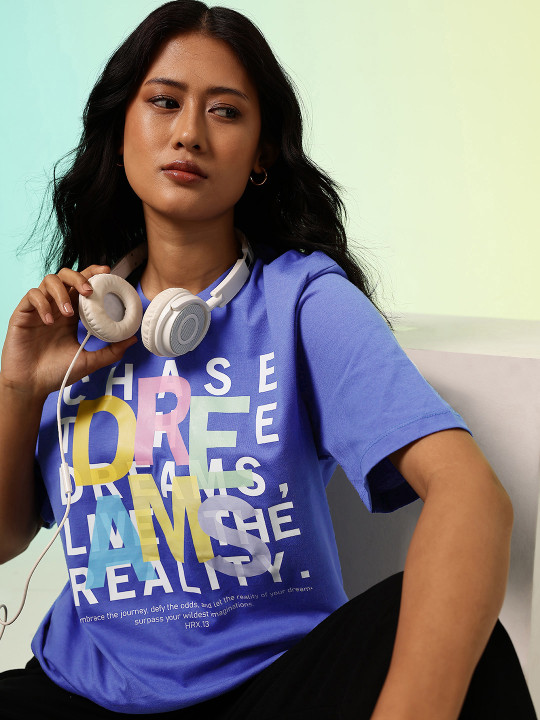 HRX by Hrithik Roshan Women Typography Printed Relaxed Fit Pure Cotton T-shirt