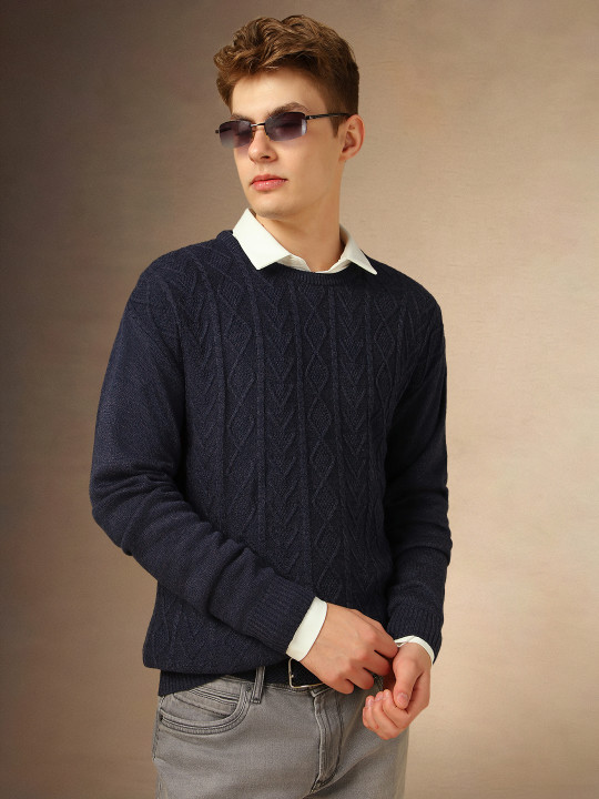 Dennis Lingo Self Design Round Neck Acrylic Knit Pullover