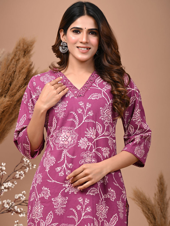 Rimeline Floral Printed V-Neck Three-Quarter Sleeves Mirror Work Pure Cotton Kurta