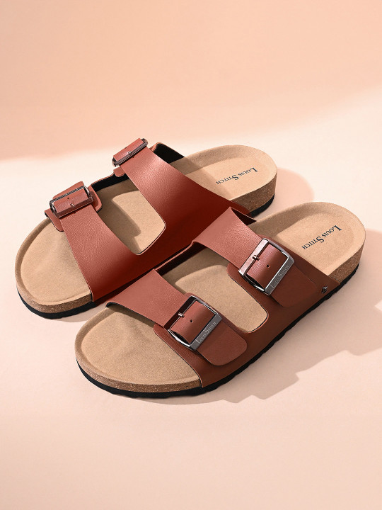 LOUIS STITCH Men Tan Lightweight Open Toe Double Strap Slip-on Cork Sandals