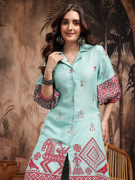 Sangria Geometric Print Regular Kurta with Trousers