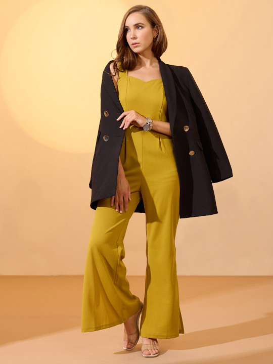 Globus Sweetheart Neck Strappy Shoulder Solid Side Slit Hem Party Jumpsuit