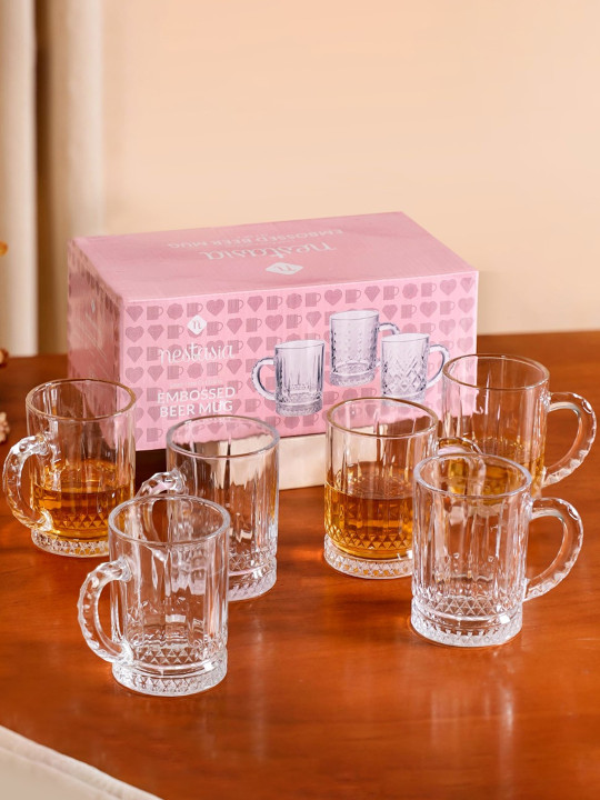 Nestasia Floral Trellis Transparent Textured Glass Handmade 6 Piece Mugs-220ml