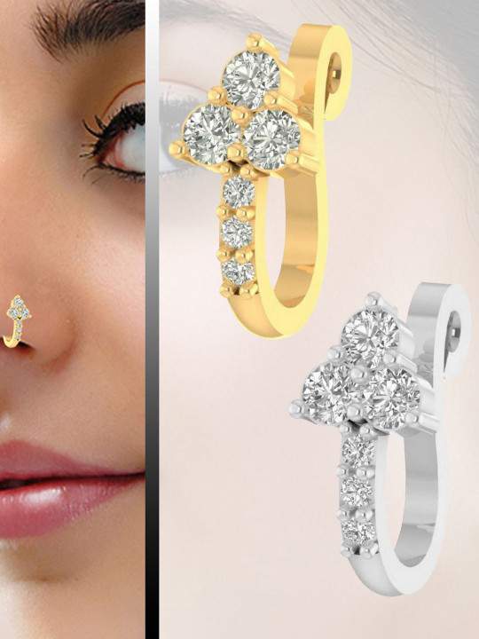 VAMA Women Set of 2 Pcs Gold & Silver Plated Clip on Stone Non Piercing Nosepin