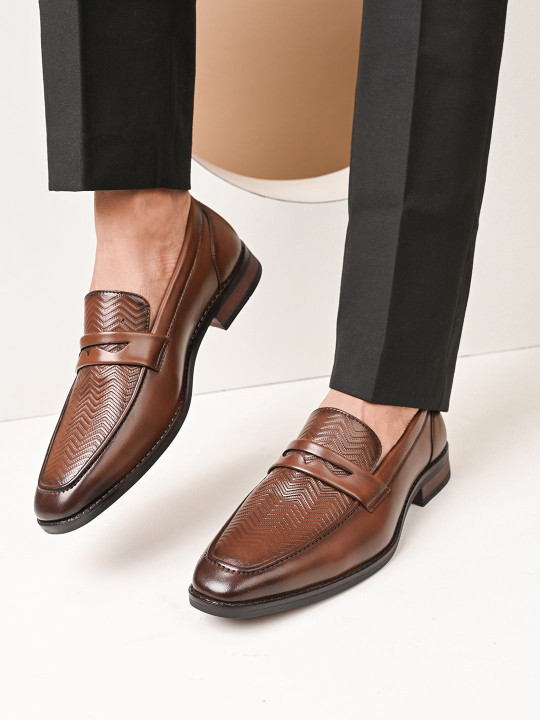House of Pataudi Men Tan Textured Anti Slip Slipon Moccasin Penny Loafer Shoes