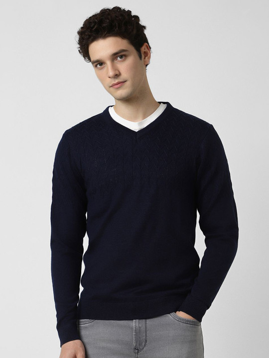 Peter England Elite Men Self Design Open Knit Woollen Pullover Sweaters
