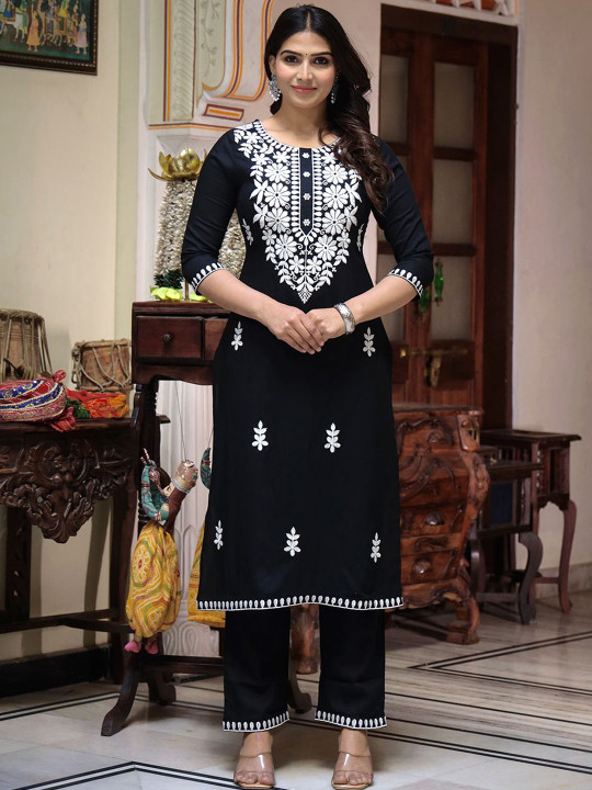 ELVISH JAIPUR Women Ethnic Motifs Embroidered Regular Chikankari Kurta with Trousers