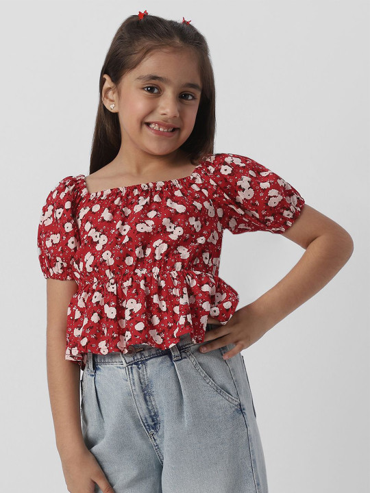 Nauti Nati Girls Floral Print Puff Sleeve Cinched Waist Top