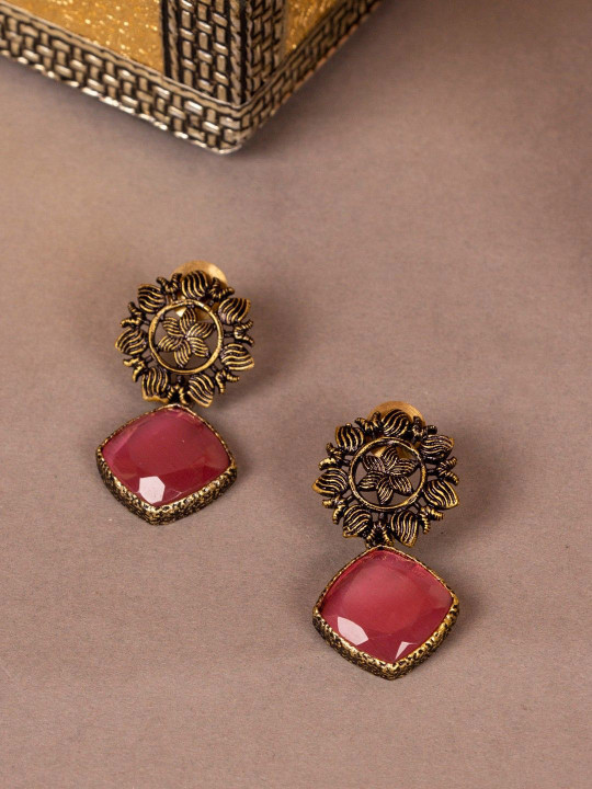 House of Pataudi Gold-Plated Stone Studded Drop Earrings