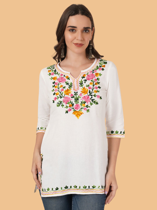 Brownverse Ethnic Motifs Embroidered Boat Neck Kurti