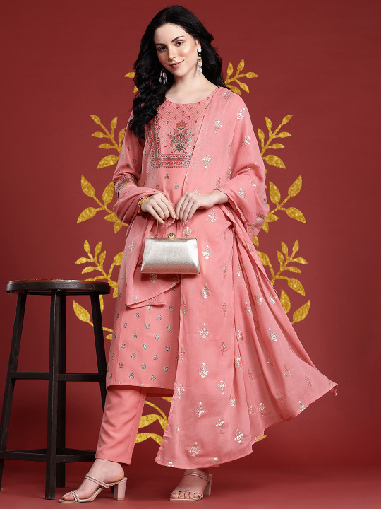 Anouk Floral Printed Kurta with Trousers & With Dupatta