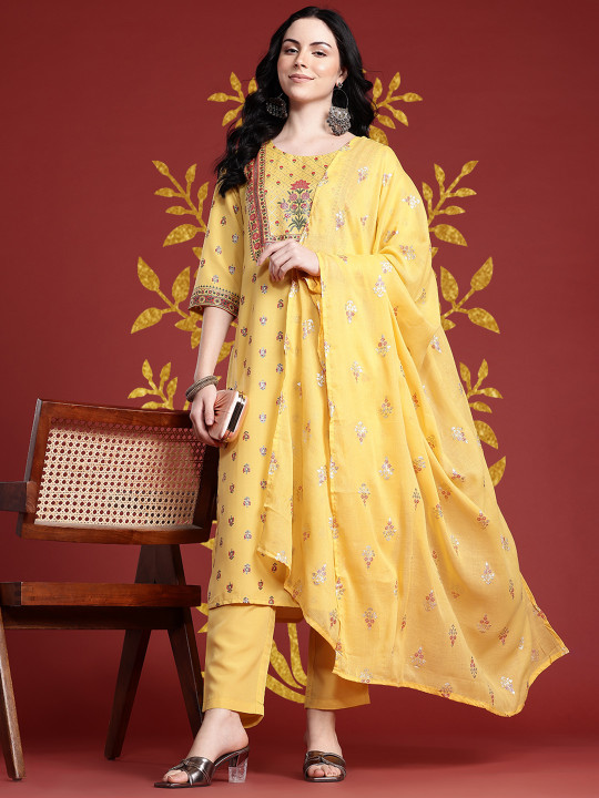 Anouk Floral Printed Kurta with Trousers & With Dupatta