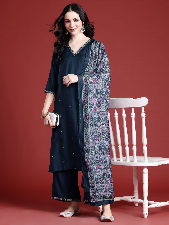 Anouk Floral Woven Design Zari Work Kurta with Palazzos & With Dupatta