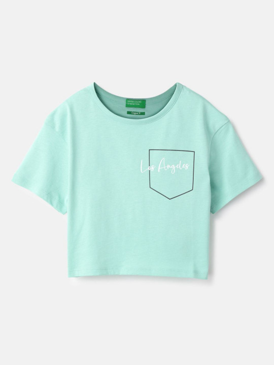 United Colors of Benetton Girls Typography Printed Round Neck Pure Cotton Boxy T-shirt
