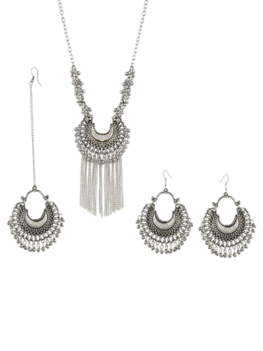 DEGHLAM Artificial Beads Beaded Oxidised Necklace With Earrings