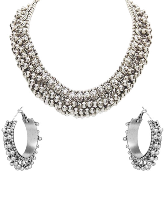 DEGHLAM Silver Plated Artificial Beads Beaded Necklace With Earrings