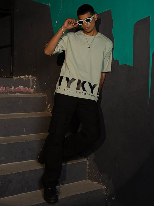 FIBONACCI Men Typography Printed Round Neck Cotton Oversized T-shirt
