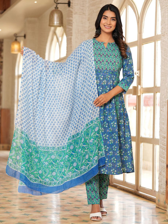 KALINI Women Floral Printed Regular Mirror Work Pure Cotton Kurta with Trousers & With Dupatta