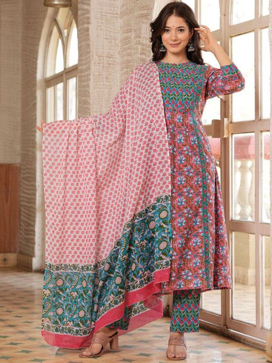 KALINI Women Floral Printed Regular Mirror Work Pure Cotton Kurta with Trousers & With Dupatta