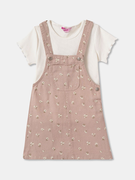 R&B Girls Printed Cotton Dungaree With T-Shirt