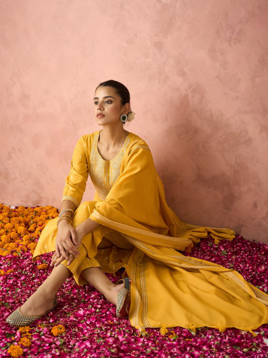 KALINI Woven Design Floral Embroidered Straight Kurta With Trouser And Dupatta