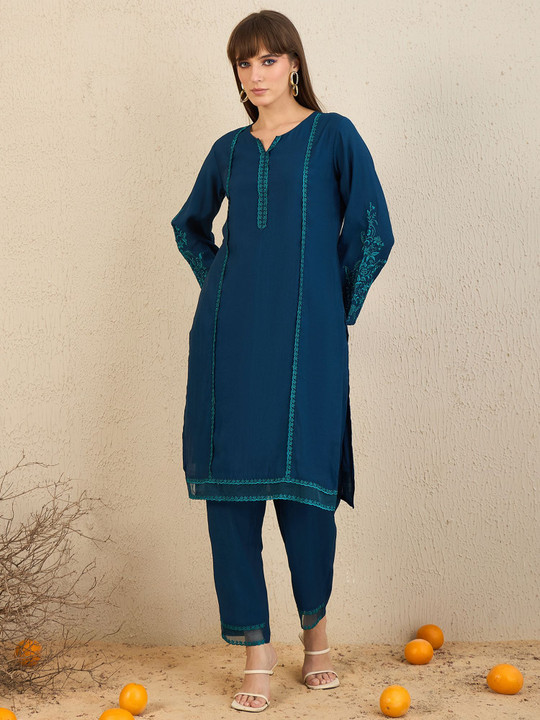 Indo Era Ethnic Motifs Embroidered Flared Sleeves Notch Neck Straight Kurta with Trousers