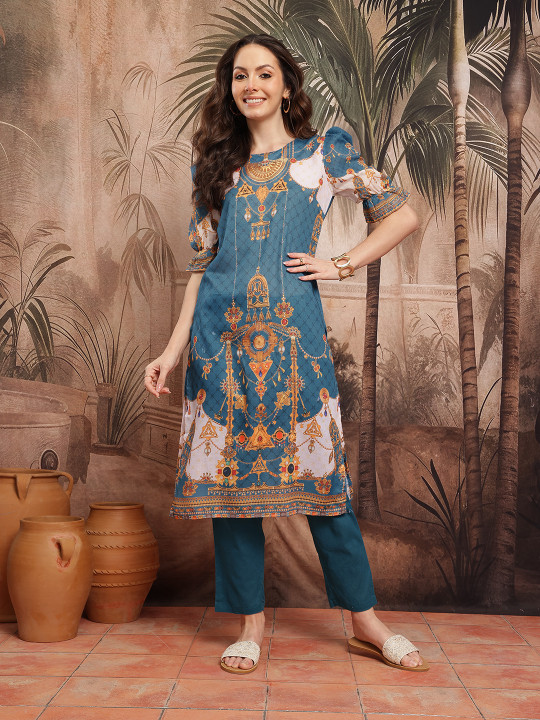 Sangria Ethnic Motifs Print Regular Kurta with Trousers