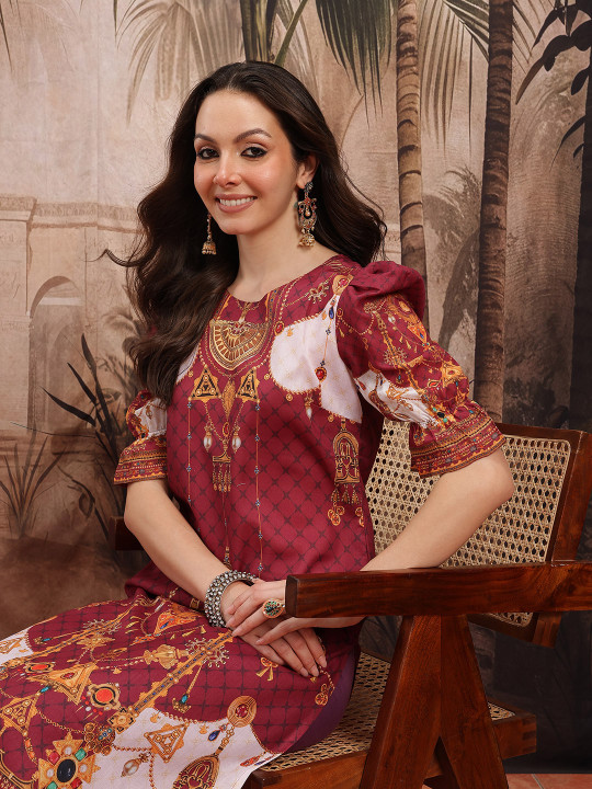Sangria Ethnic Motifs Print Puff Sleeves Kurta with Trousers