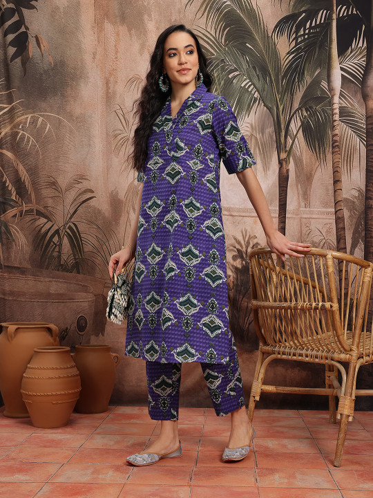 Sangria Ethnic Motifs Printed Cotton Kurta with Trousers
