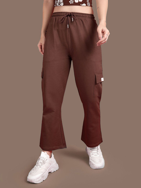 TWIN BIRDS Women Solid Cotton Relaxed Fit Bootcut Cargo Style Track Pant