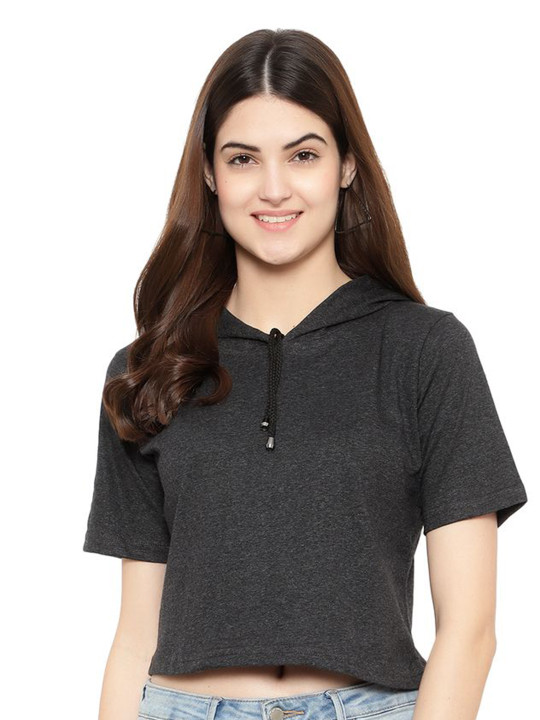 DEEPMAYRA COLLECTION Women Solid Hooded Cotton T-shirt