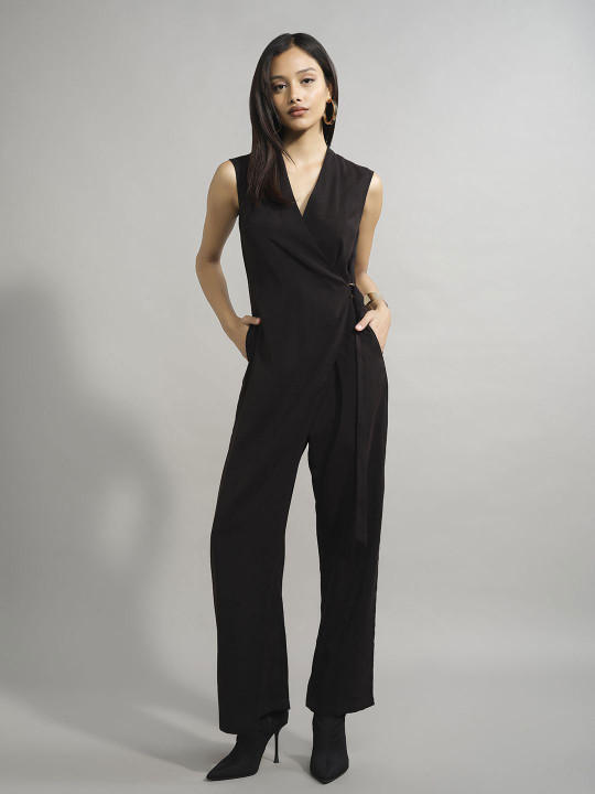 AND Women Solid V-Neck Basic Jumpsuit
