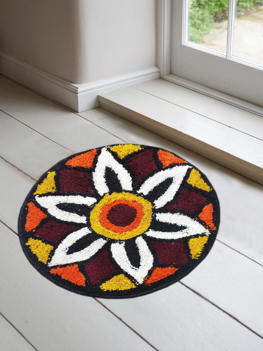 ANA Brown & White Floral Printed Cotton Round Doormat