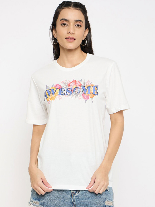Mast & Harbour Women Typography Printed Round Neck Pure Cotton T-shirt